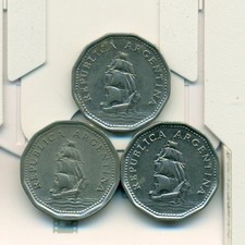 3 DIFFERENT 5 PESO COINS w/ SHIPS from ARGENTINA (1961, 1962 & 1968)