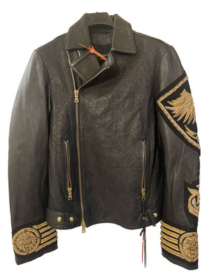 Vintage Deadstock 2015 Balmain H&M Gold Lion Embroidered Leather Jacket