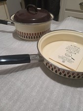 VTG 1970s 2 Piece Moneta Enamel Pot  Lid, Beige & Brown Made in Italy Retro