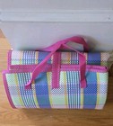 Woven Beach Mat, Striped, Pink, Green, and White.  With handle. 