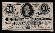 1864 Fifty Cents Note Confederate States of America CSA Richmond AU