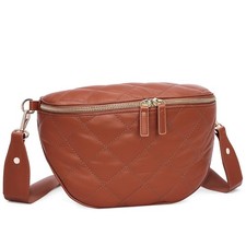 Women's Brown Quilted Crossbody Bum Bag Trendy Puffer Belt Sling Bag Purse