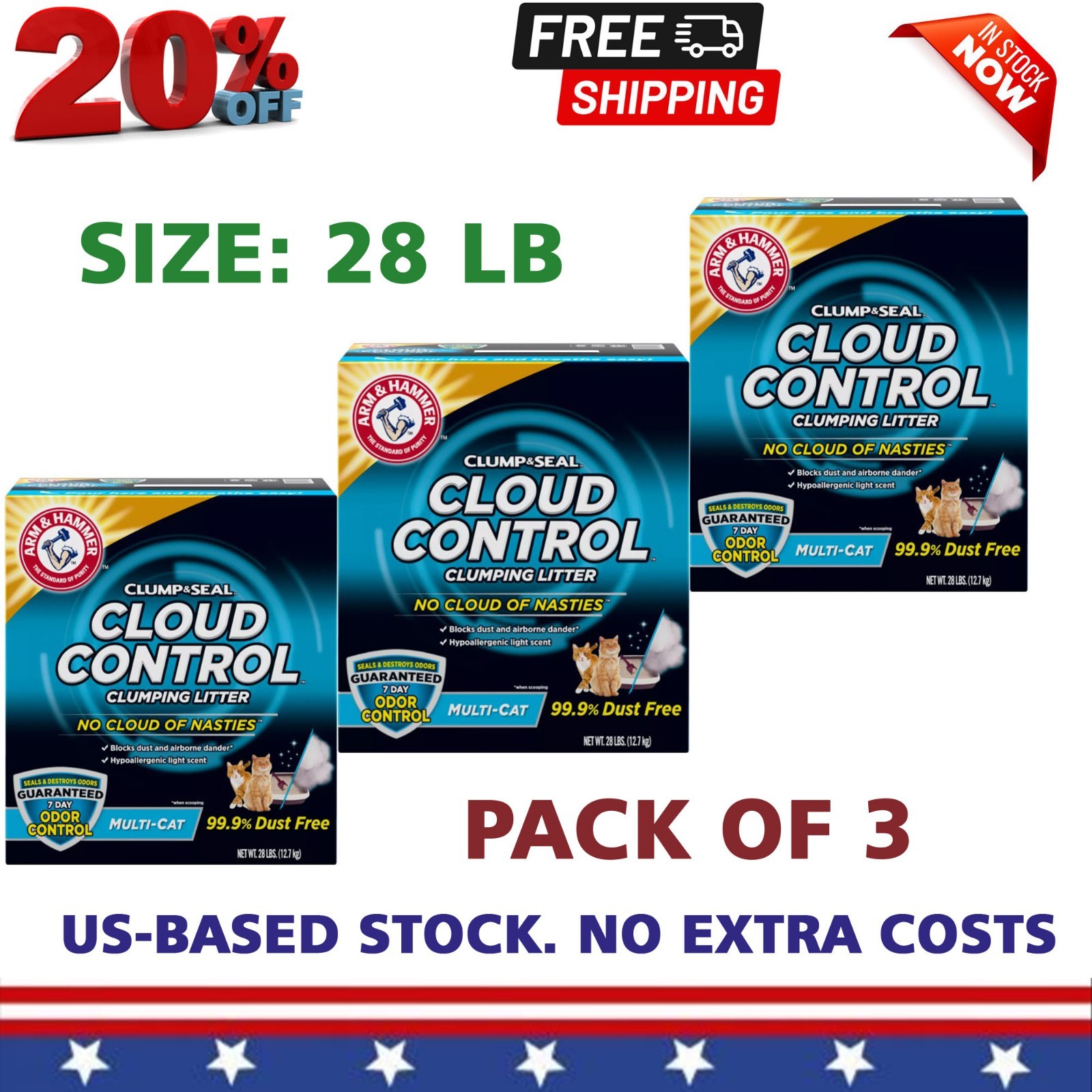 (3 pack) Arm & Hammer Clump Seal Cloud Control Clay Cat Litter Scented, Low Dus