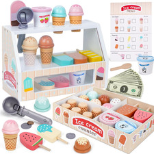 Wooden Ice Cream Counter Playset for Kids, Toddler Girl Toys Kitchen Playset Pre