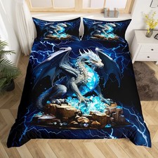 Blue Cool Dragon Duvet Cover Queen Size,Diamonds and Gold Comforter Cover wit...