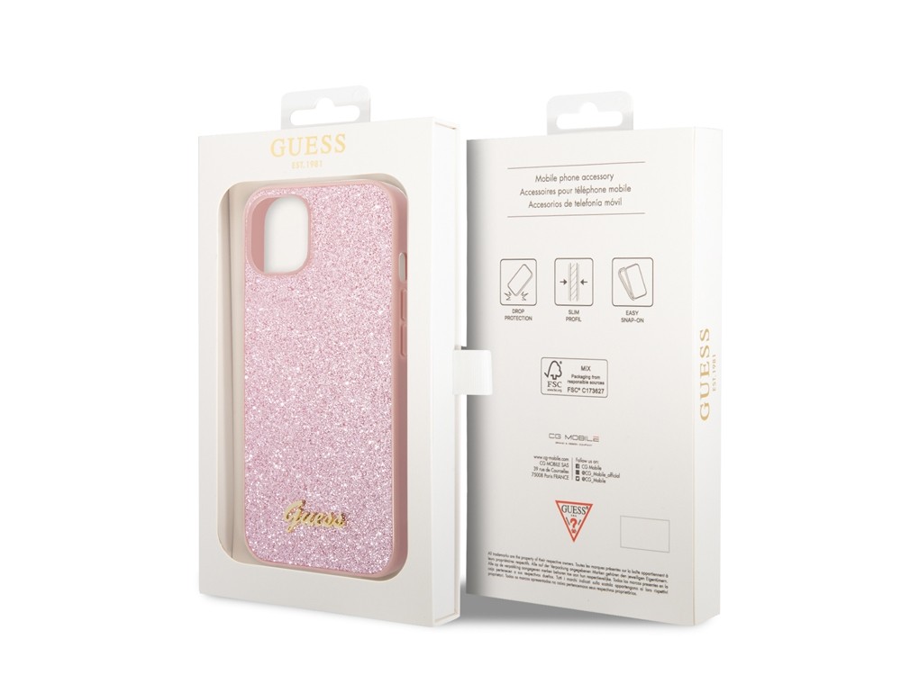 Coque iPhone 14 Plus Guess antichoc Glitter Script compatible chargeur sans fil