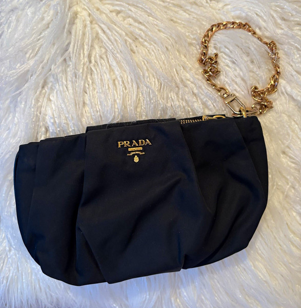 PRADA Milano Black Nylon Clutch Bag, Gold Chain Wristlet Strap