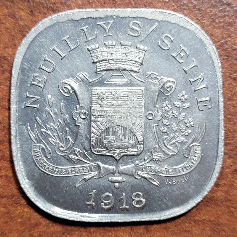 FRANCE WWI 1918 Aluminum Square Token NEUILLY Merchant League 20 Centime BU UNC