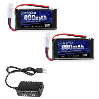 URGENEX SCX24 7.4V 900mAh 2S 30C LiPo Battery with PH2.0 Plug for RC Cars