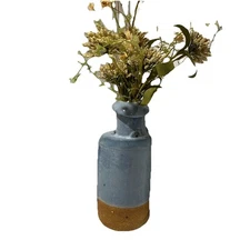 Brutalist Vase Signed Pottery 8” Off Center Blue Minimalist Decor Unique Beach