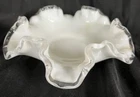 Beautiful Vintage White Ruffled Milk Glass Candy Dish With Clear Edges