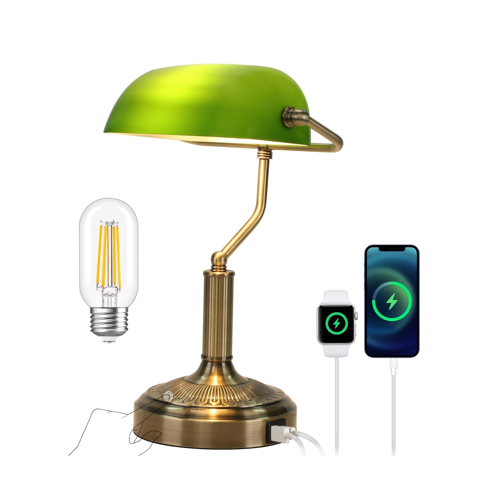 Bankers Lamp with USB & Type C Charging Ports, Touch Control Green Glass Desk...