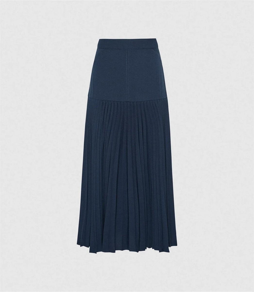 Reiss Davina Pleated Midi Skirt with Side Slit Navy Blue UK