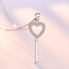 Women Crystal Heart Key Pendant Chain Necklace 925 Sterling Silver Jewellery UK