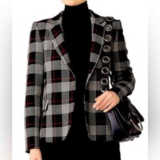 Pinko Paolo Plaid Tailored Plaid Blazer Black White Red Size 2