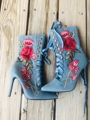 Women's Jean Lace Up Heeled Boots with Floral Embroidery Size