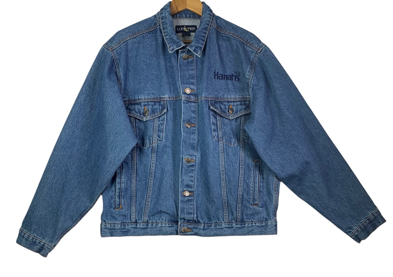 Lunar Pier Jeans Jacket Size L Men Blue Denim  100% Cotton Logo Harrahs Casino