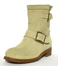 JIMMY CHOO Light Beige Ecru Suede Dual Gold Buckle Youth Biker Ankle Boots 36.5
