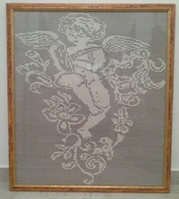 QUADRO CUPIDO CON ROSE LAVORATO A MANO A FILET  AD UNCINETTO 70 x 80