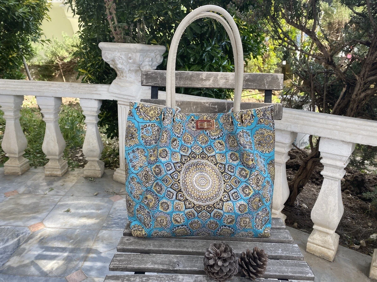 Blue Boho Tote Metalic Kilim Bag Vegan Leather Fabric Kilim