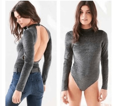 UO Out From Under Mock Neck Velour Grey Body Suit with Open Back Size M