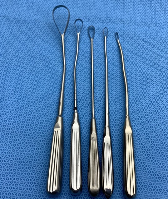 Set of 5 OB / GYN Uterine Curettes Sharp. Malleable. Mirror and Satin