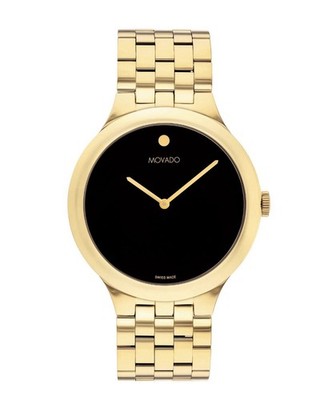 MOVADO Museum Veturi Quartz Gold Plated Black Dial Mens Watch 0607417