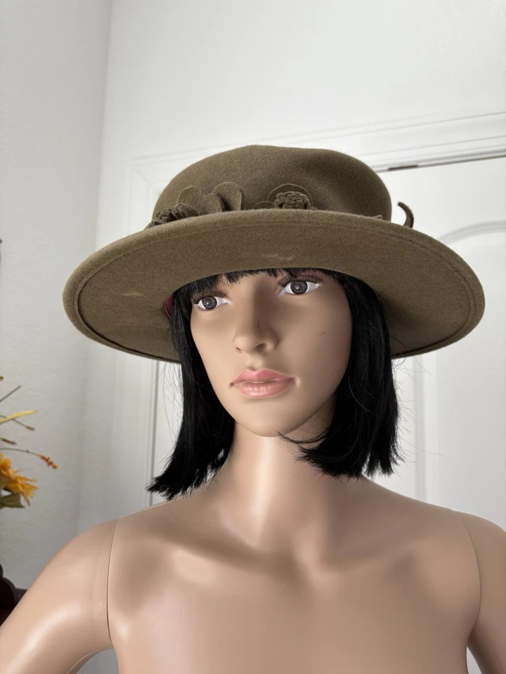 Vintage 60s Frank Olive Saks 5th Ave Mad Hatter Taupe Felt Hat Flower Appliqués - Image 3 of 4