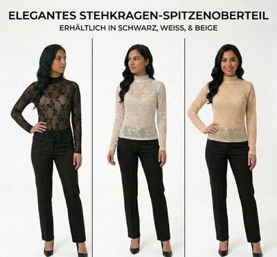 Damen Bluse Spitzenoberteil Stehkragen Stretch Hochwertige Party Elegantes DE