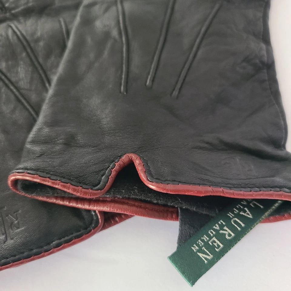 Guantes forrados Lauren Ralph Lauren para mujer de cuero negro marrón talla XL Foto 2 de 4