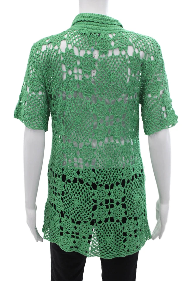 Top Zara Mujer Algodón Cuello Crochet Manga Corta Abotonado Verde Talla L Foto 3 de 4