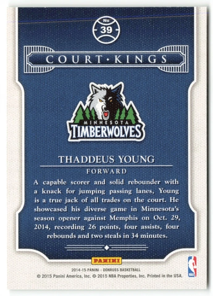 2014-15 Donruss Court Kings Thaddeus Young Minnesota Timberwolves #39 - Image 2 of 2