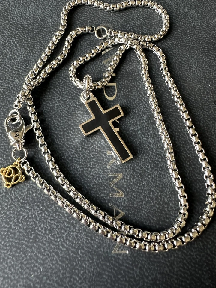 Collar David Yurman Plata 925 Cruz Amuleto Colgante Pavé Diamante Negro 21" Foto 4 de 4