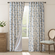 96" Floral Linen Curtains - Blue Farmhouse Drapes, 2 Panels Set