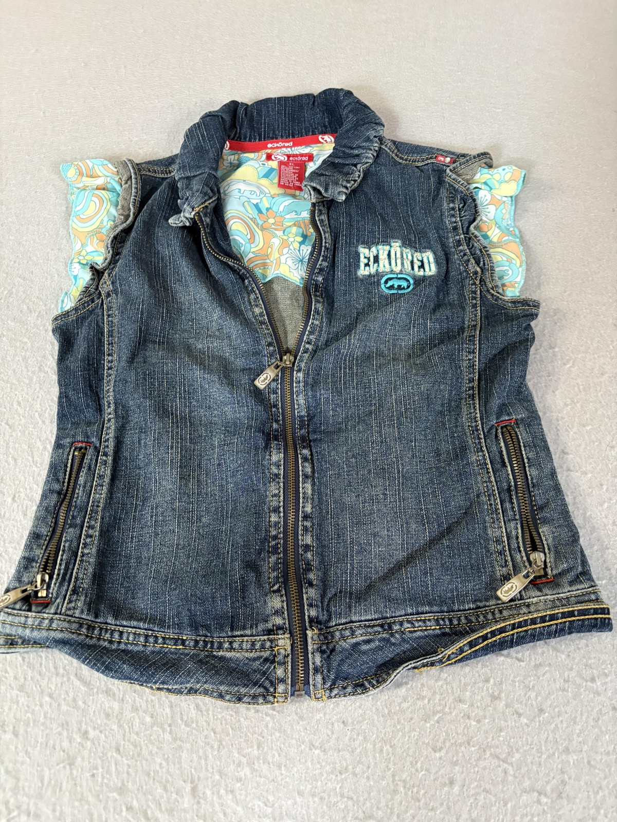 Ecko Red Denim Vest Womens XL Blue Zip Front Embroidered Logo Floral Lining