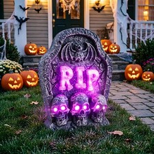 16" Halloween Animated Shaking RIP Tombstone Sound Motion Sensor Skull Prop LED