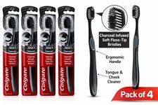 Colgate 360 Charcoal Soft Toothbrush Pack of 4, Ergonomic Handle, Tongue Cleaner