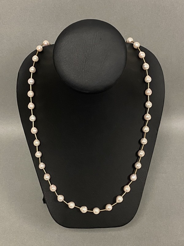 14k Yellow Gold Freshwater Pearl Station Necklace 24” Long 25.3 Grams Beautiful!