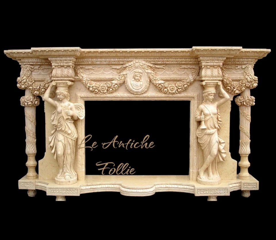 Preciosa Chimenea Egipto Beige Mármol con Lujosas Estatuas Decorativas Foto 3 de 4