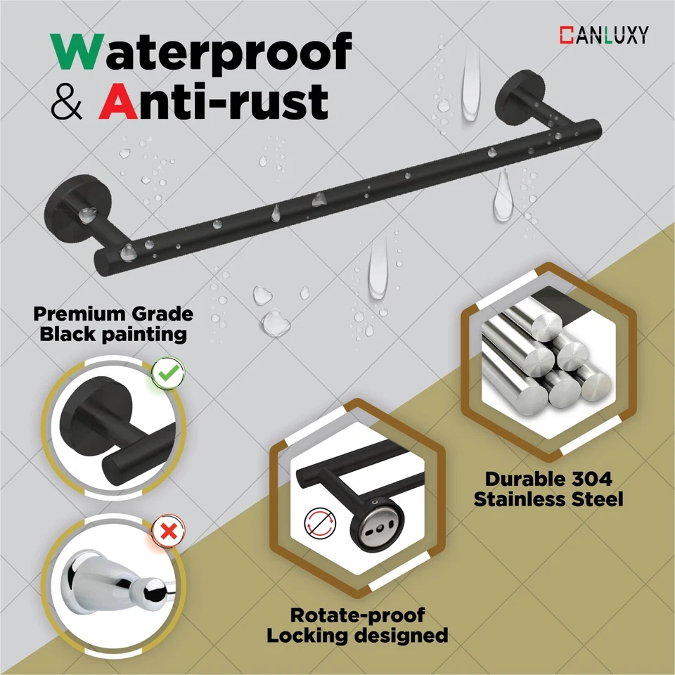 CANLUXY Porte Serviette Salle de Bain kit 7 pièce en acier inoxydable, Noir Foto 4 de 4