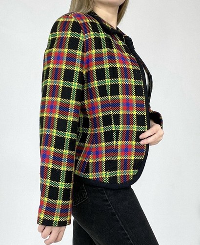 Emmanuel Ungaro Vtg. Wool Multi Colored Plaid Cropped Blazer-zips/snaps-Sz.2 - Picture 3 of 13