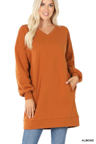 Women Round or V Neck Oversized Long Sweatshirt Loose Warm Fleece Top w/ Pockets - Picture 20 of 32