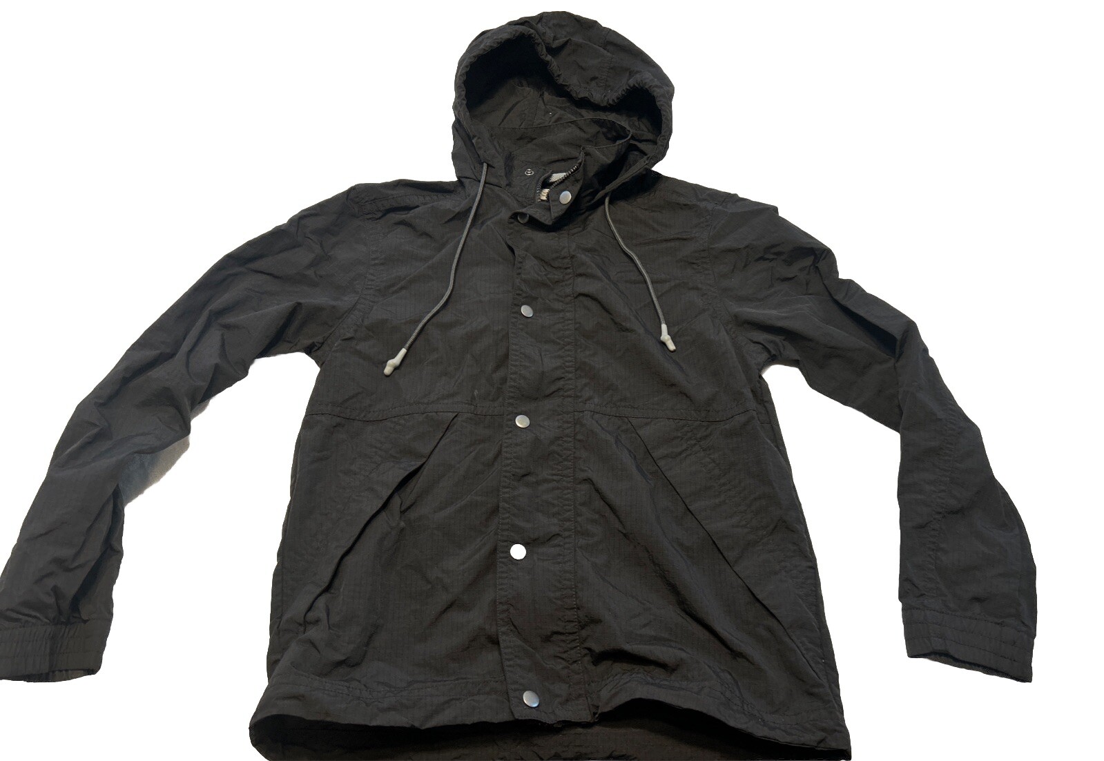 Goodfellow Co Black Hooded Windbreaker with Zip and Button Water-Resistant Rain Jacket