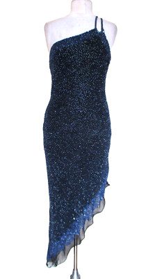 VINTAGE SCALA M Beaded One-Shoulder Dress Black Asymmetrical Sequins Fairycore