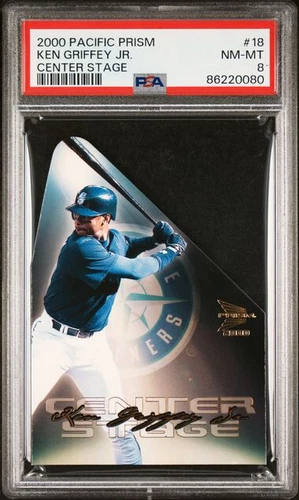KEN GRIFFEY JR. 2000 PACIFIC PRISM CENTER STAGE #18 DIE-CUT PSA 8 NEAR MINT
