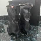 CHANEL BLACK LAMSKIN LEATHER SILVER CHAIN PULL ON BOOTIES LOW HEEL SZ 39 — photo 8