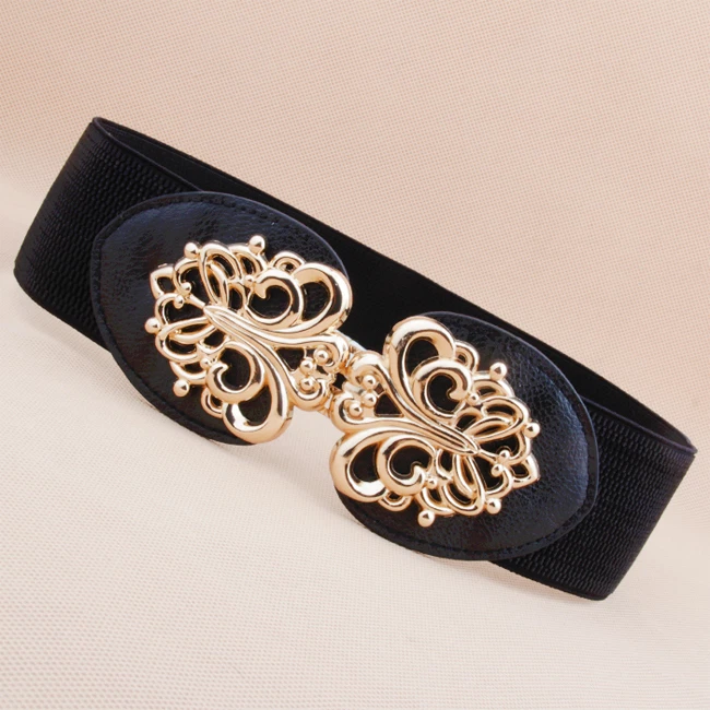 Womens Hollow Flower Gold Buckle Elastic Waist Belt Faux Leather Waistband Belt - image 2 of 4