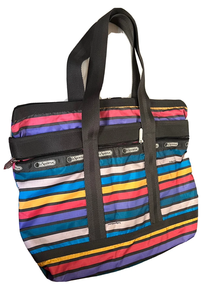 NUEVO SIN ETIQUETAS BOLSO DE MANO HOBO DE VIAJE A RAYAS LESPORTSAC MULTICOLOR NAILON CREMALLERA