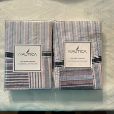 NWT 2 Nautica Greenwich 100 Cotton Blue Striped Quilted Std Pillow Shams20"x27"