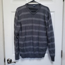 VTG Cherokee Gray Striped V-Neck 100 Cotton Pullover Sweater Mens XL
